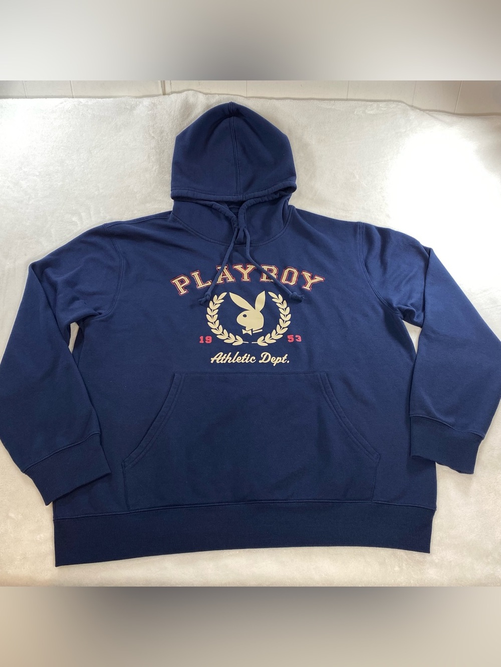 Playboy Athletic Dept. Navy Blue Pullover Hoodie Crest Logo Size Large Oversized